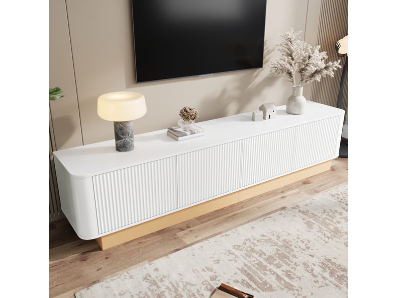  Meuble tv bas 200 cm – blanc – 4 portes, rangements réglables et passe-câbles intégrés, design texturé  - Conforama B