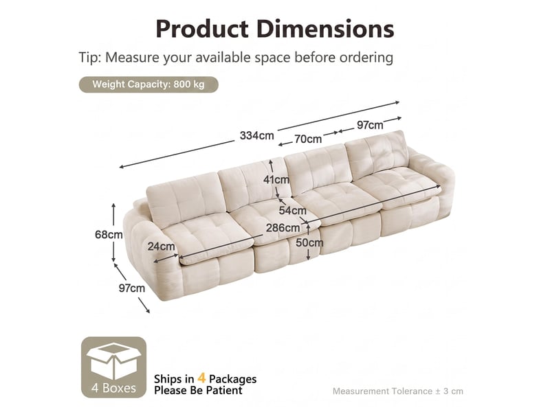 Canapé 4 places, revêtement en tissu chenille, sans assemblage, beige - Conforama D