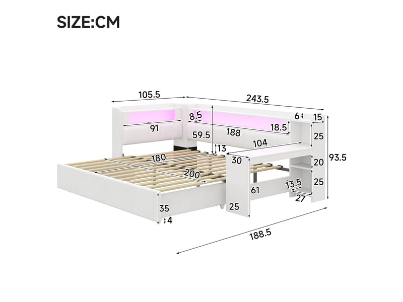  Lit gigogne 90 × 200 cm avec bureau, étagères, ports usb et éclairage led, revêtement en lin blanc pour chambre  - Conforama C