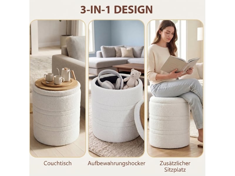  Pouf de rangement rond avec couvercle réversible 40 cm blanc evryae  - Conforama D