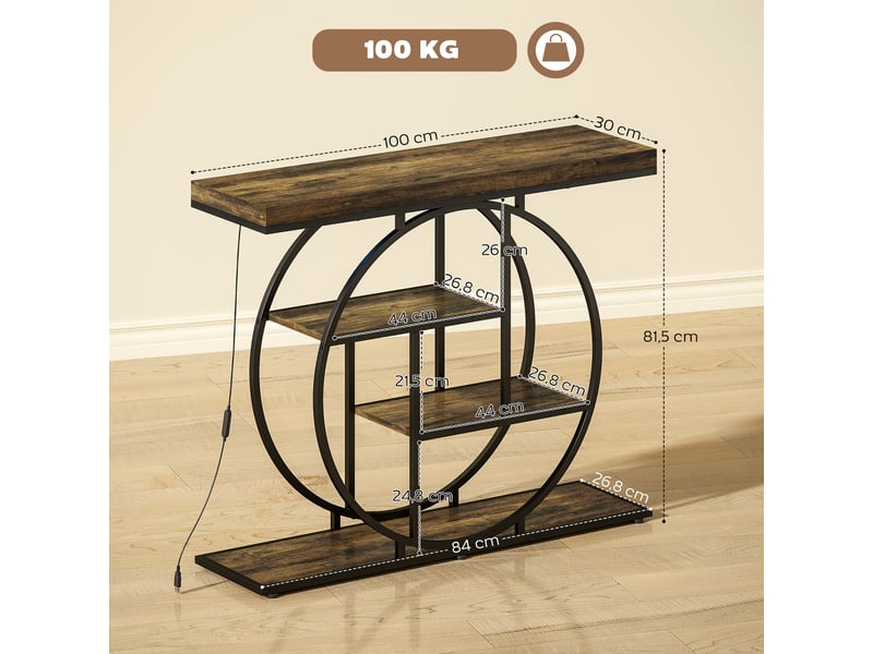  Console meuble avec éclairage led 100 cm, table console à 4 niveaux avec étagères ouvertes, marron rustique et noir  - Conforama C