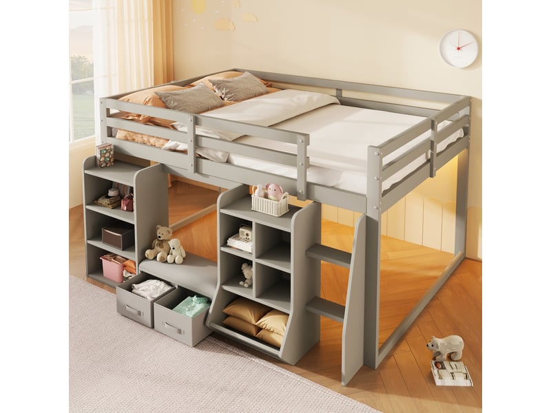  Lit mi-hauteur 140x200 cm avec étagères et 2 tiroirs en tissu, lit enfant avec coin lecture et coussin d'assise, gain de place en pin et mdf gris  - Conforama B