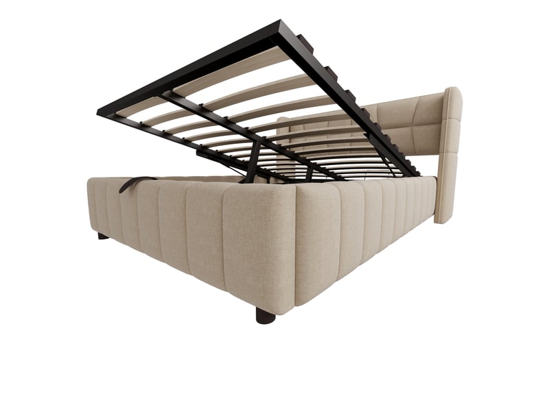  Lit coffre 140 × 200 cm en tissu effet lin beige, tête enveloppante IKSETERA TRADING LTD - Conforama R