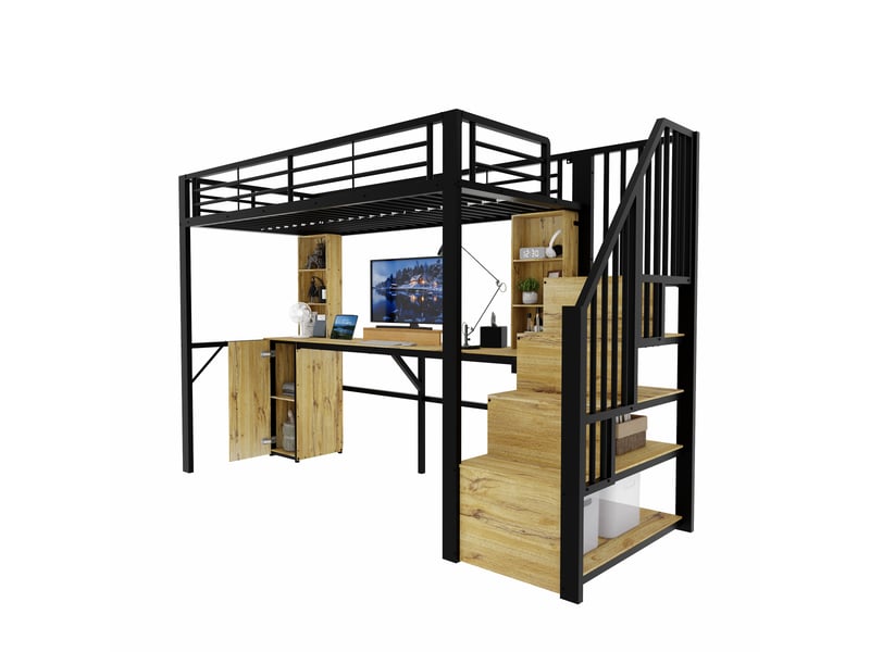  Lit mezzanine 1 place en métal avec bureau, armoire, escalier de rangement et usb, 90x200 cm, sans matelas  - Conforama A