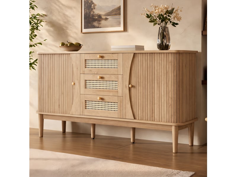Buffet et enfilade avec 2 portes coulissantes, 3 tiroirs et étagères réglables pour salon en mdf, coloris naturel - Conforama E