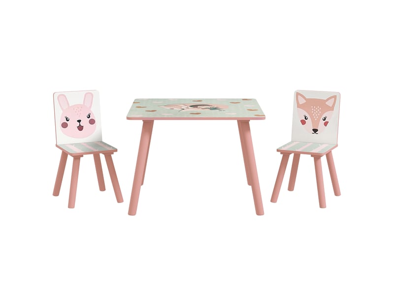  Ensemble table et chaises pour enfants, motif animaux pour chambre à coucher rose, table pour enfant avec 2 chaises  - Conforama B