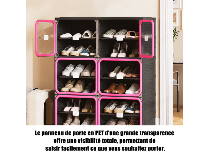  Meuble à chaussures pliable,85×34×104 cm,6 niveaux, 24 paires,porte transparente en pet,matériau pp,style moderne,noir  - Conforama D