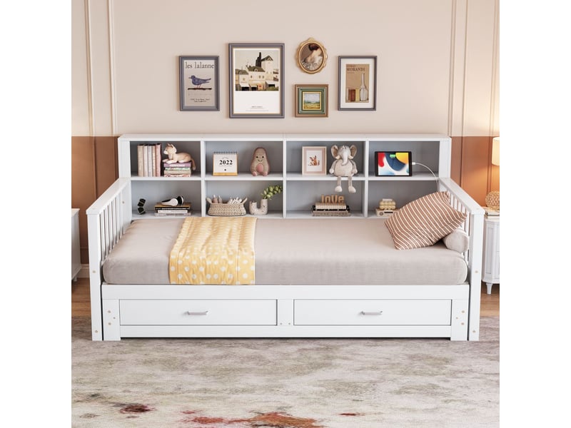  Canapé-lit bois massif 90180x190 cm, structure multifonction lit gigogne, rangement intégré, ports usb latéraux  - Conforama B