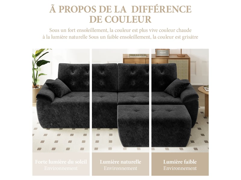  Canapé modulable en chenille noir mousse haute densité avec pouf,canapé salon 275cm style nuage confortable,compressé sans montage 275x174x66CM - Conforama R