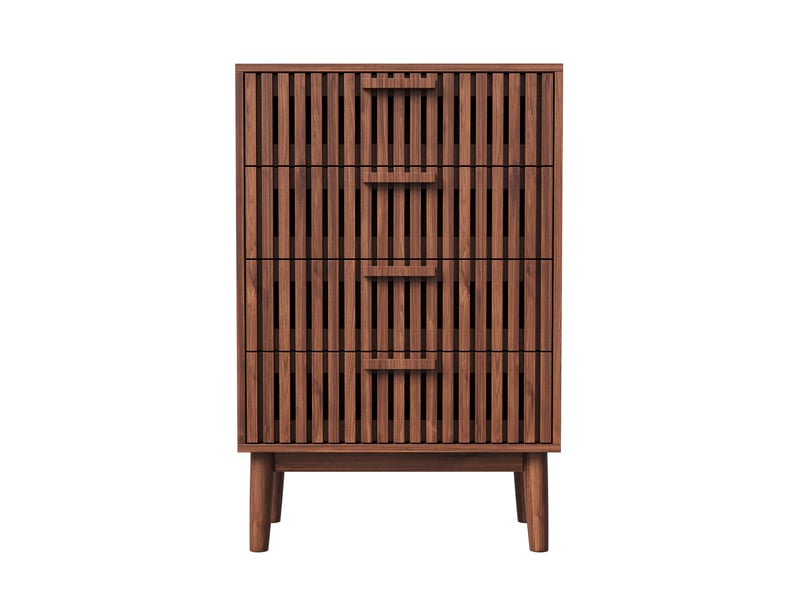  Commode 4 tiroirs – armoire latérales –  marron foncé –  grille verticale - pieds fuselés – style nordiquejaponais  - Conforama A
