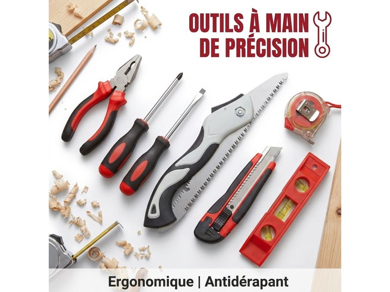 Tronçonneuse et sécateur sans fil 21v avec batterie li-ion 2.0ah – coffret outillage de jardin 12 pièces avec scie pliante 40 cm et mallette rigide de transport – rouge - Conforama B