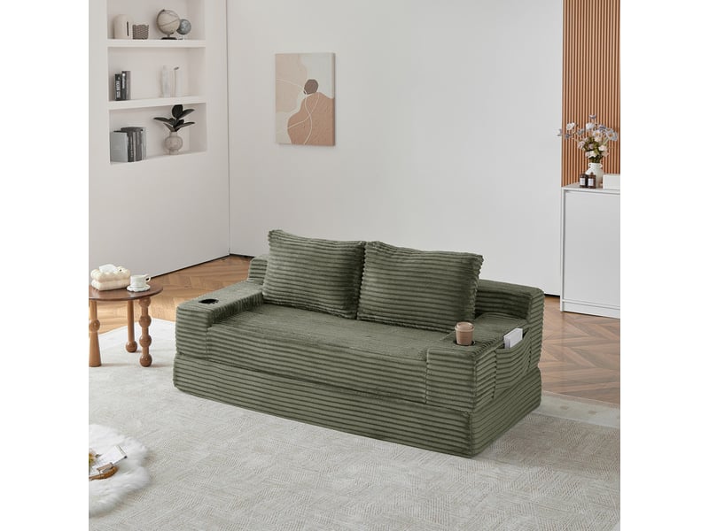  Canapé droit convertible ,2 places,de porte-gobelets intégrés aux accoudoirs,180x85x62 cm,vert  - Conforama D