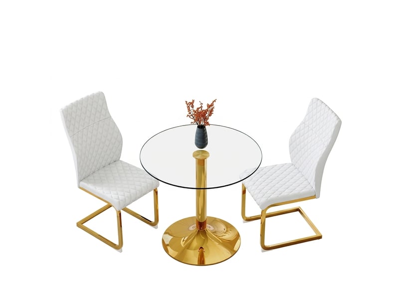  Ensemble table ronde ø85 cm et 2 chaises, verre trempé, pieds dorés et assises blanches  - Conforama A