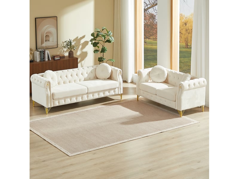 Canapé 2 +3 places en velours beige avec pieds en métal doré - Conforama D