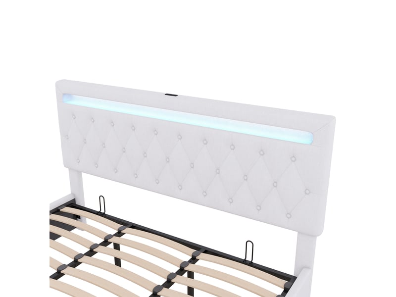  Lit coffre 180x200 cm avec sommier, lit double capitonné avec led et port usbtype-c, cadre de lit en adulte , tissu lin blanc  - Conforama C