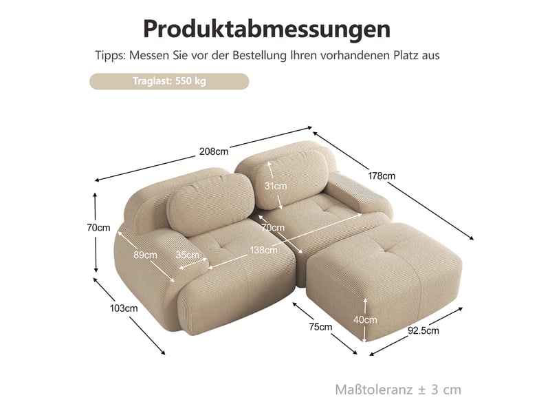  Canapé d'angle modulable en velours côtelé, beige, 208 x 178 x 70 cm Fay Lum - Conforama C