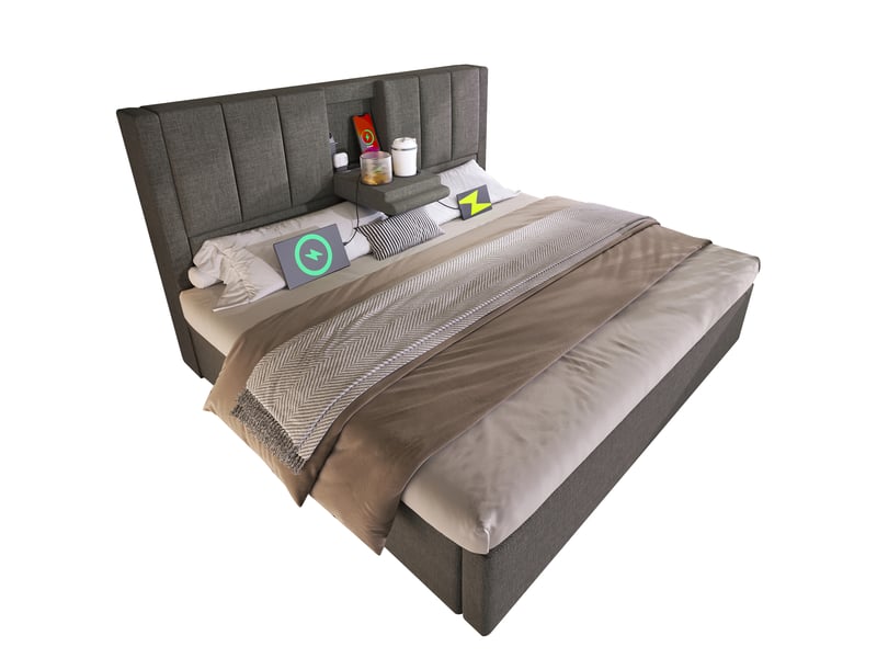  Lit coffre,160x200 cm,avec matelas et station de charge,lin,gris  - Conforama A