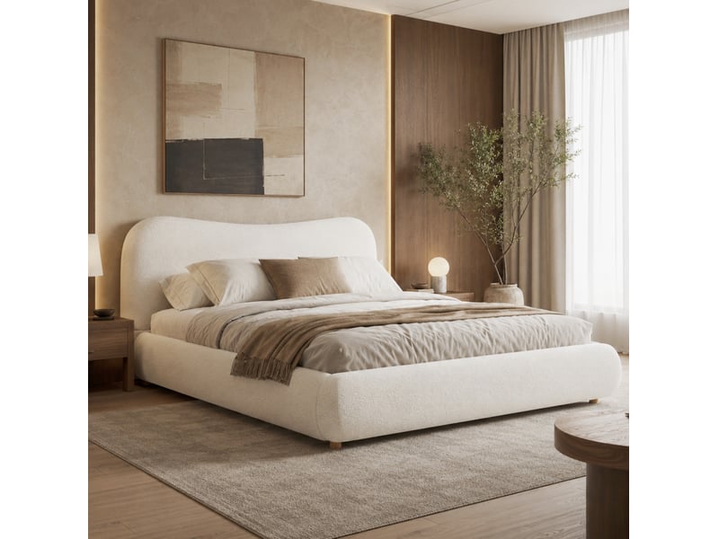 Lit double rembourré 180x200 cm en bouclé avec sommier et rangement hydraulique blanc chicfurn - Conforama B