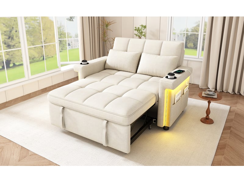 Canapé convertible 2 places 145 x 141,5 cm – beige – led, usb-c, dossier réglable et porte-gobelets - Conforama B