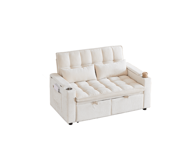  Canapé convertible 2 places 3-en-1 avec lit, rangements, poches, porte-gobelets et coussins lombaires en chenille beige  - Conforama A