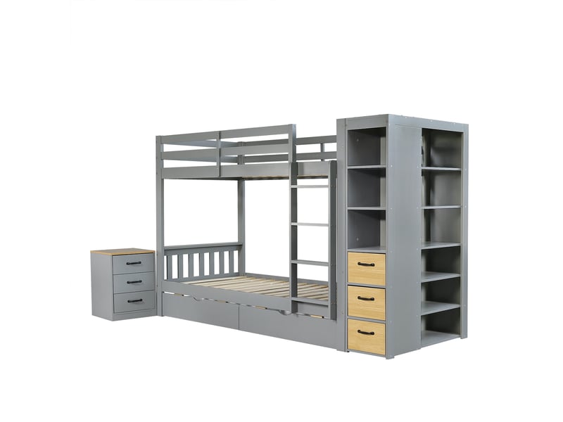  Lit superposé en bois 90×200 cm avec 2 tiroirs, rangements et échelle, gris  - Conforama D