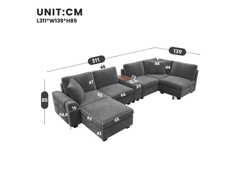 Canapé d'angle modulable 6 places 311x139x85cm, pouf coffre, console amovible, 2 porte-gobelets, usb et usb-c, velours côtelé - gris - Conforama E