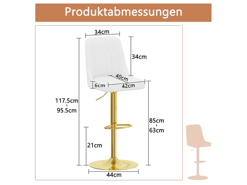 Lot de 2 tabourets de bar réglables,44x44 cm,similicuir et métal doré,blanc - Conforama C
