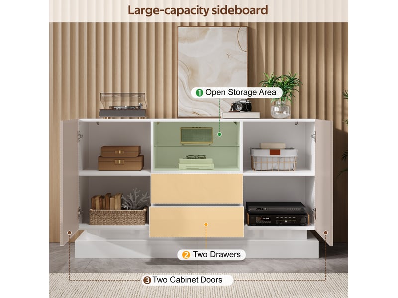  Buffet bas avec 2 portes, 2 tiroirs, niche avec verre et led pilotée par application, en blanc, 140 × 40 × 80 cm  - Conforama E