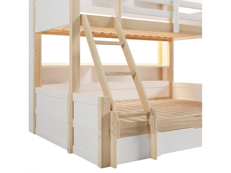 Lit superposé 90x200 + 140x200, blanc naturel, échelle ajustable, garde-corps, casiers, tiroir, led, sans matelas - Conforama D