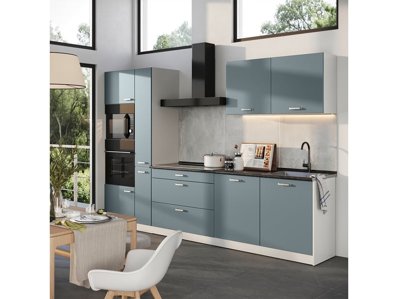  Vicco cuisine, bleu-grisblanc, 310cm plan de travail chêne doré  - Conforama C
