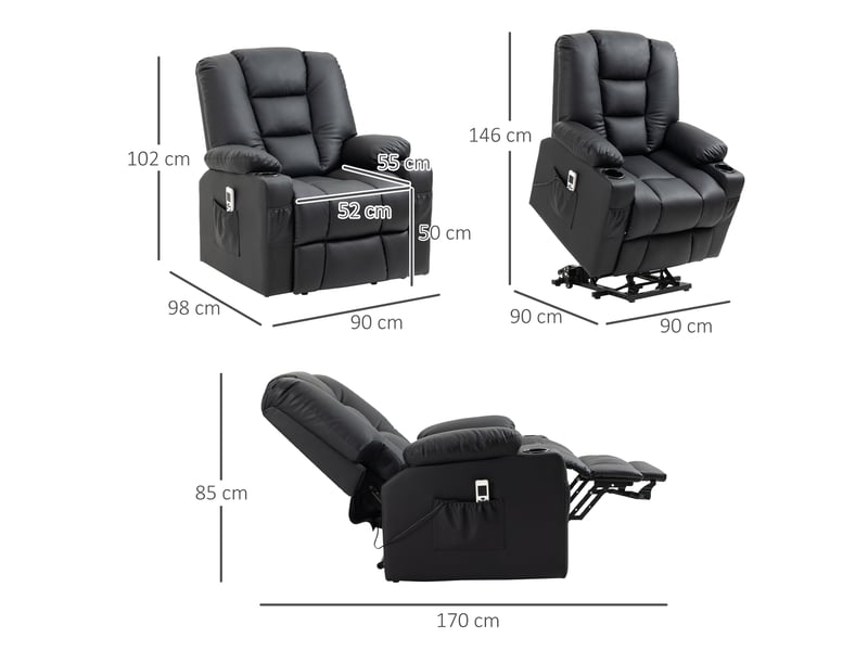  Fauteuil releveur massant en similicuir avec usb noir 90x98x102 cm  - Conforama C