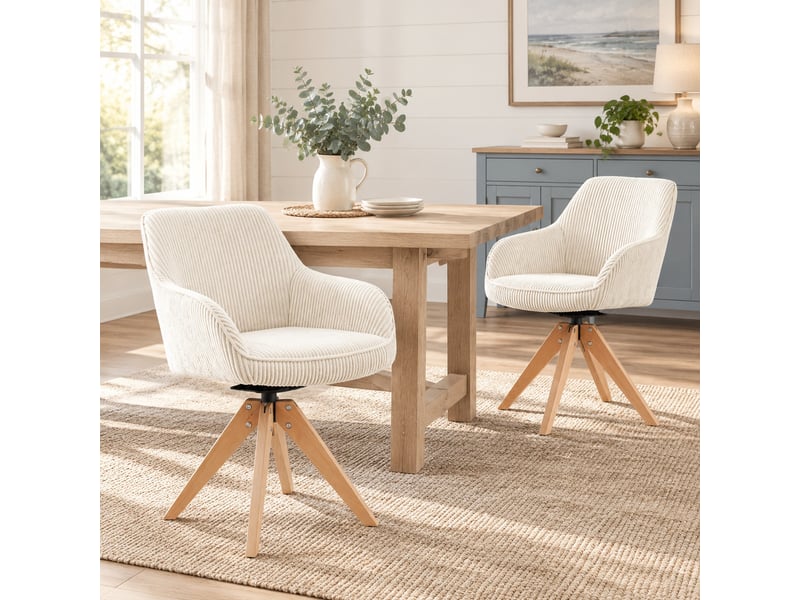  Chaises salle à manger pivotantes 2 pièces 56x44x84 cm, accoudoirs, rotation 360°, piètement bois, tissu velours rayé blanc crème  - Conforama B
