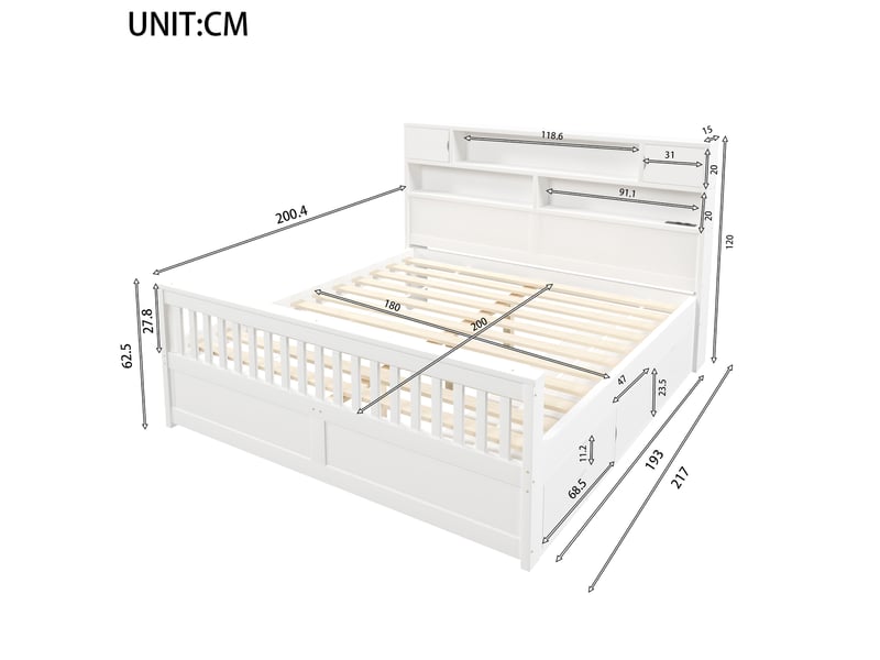  Lit blanc 180x200 cm en bois et mdf avec tête de lit bibliothèque, led, usb, rangements intégrés et quatre tiroirs  - Conforama C