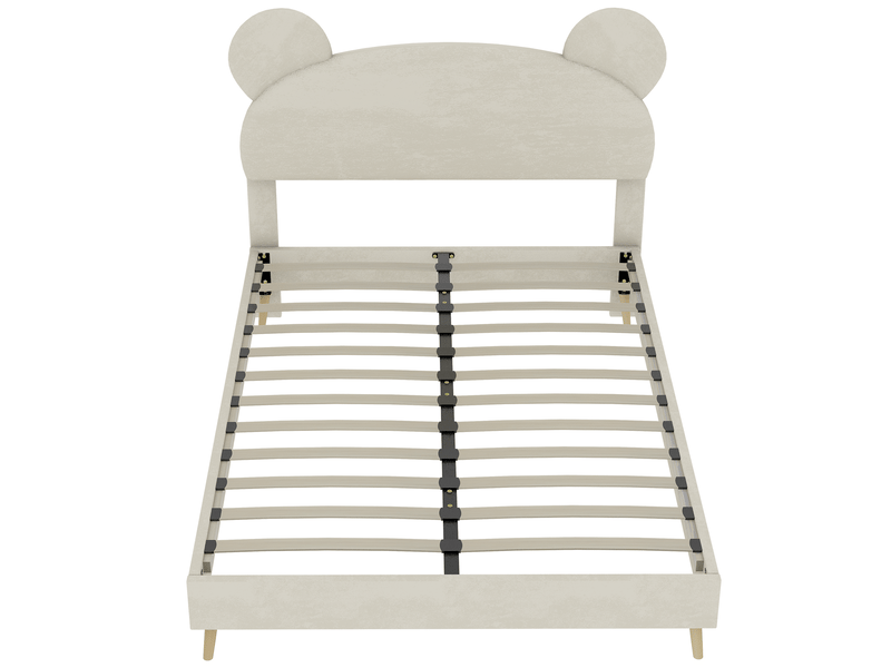  Lit enfant 90x200 cm en tissu beige avec tête de lit rembourrée motif cartoon  - Conforama R