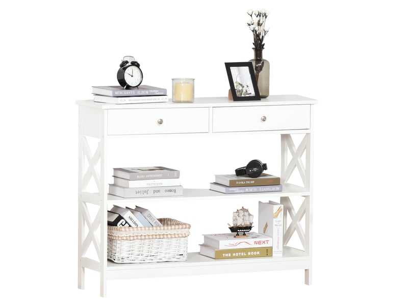  Table de console table d'entrée style table de drapier néo-rétro 2 tiroirs 2 étagères dim. 100l x 30.5l x 80h cm en bois blanc  - Conforama B
