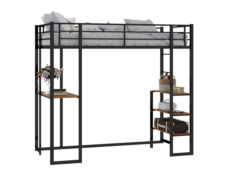  Lit simple 90x200 cm avec bureau en l, lit mezzanine avec barrières de sécurité, lit 1 personne, noir  - Conforama E