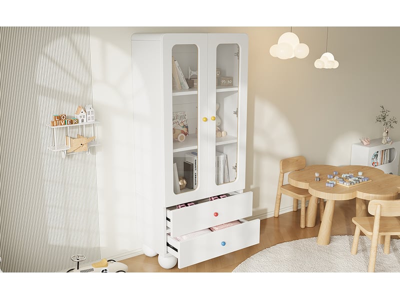  Bibliothèque vitrée 2 portes, 2 tiroirs, étagères, poignées céramique, chambre enfant, blanc, 60 × 35 × 140 cm  - Conforama A