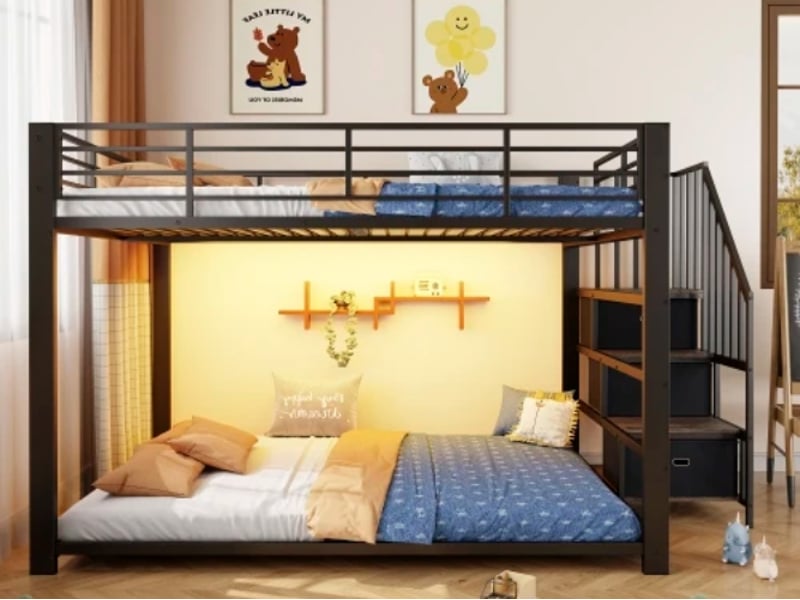  Lit superposé 140 × 200 cm, métal et mdf, escalier-rangement modulable, led, prises et usb, 2 couchages, noir  - Conforama B