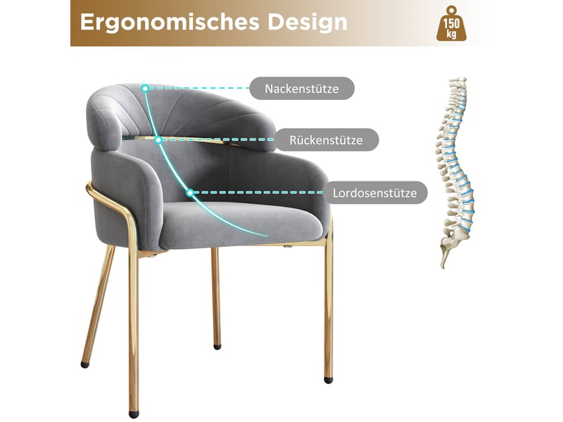  Chaise de salle à manger,avec accoudoirs et pieds métal,velours,gris  - Conforama E