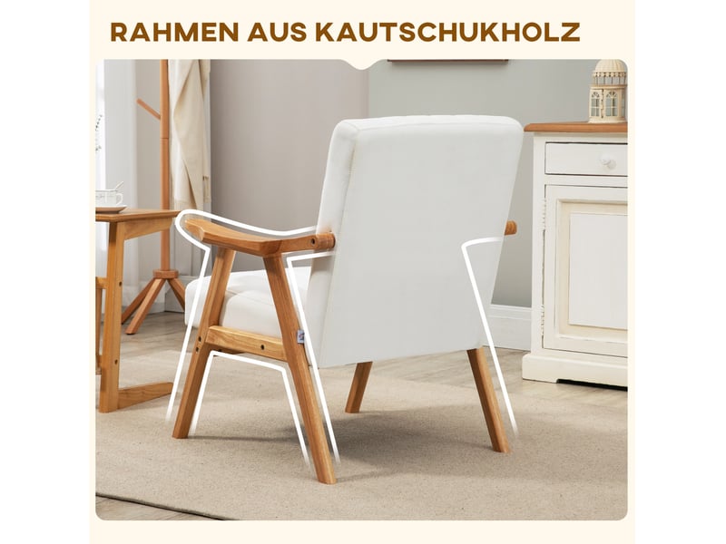  Fauteuil lounge scandinave 68x74x82 cm, revêtement en velours de couleur blanc crème, design moderne, canapé 1 place  - Conforama E