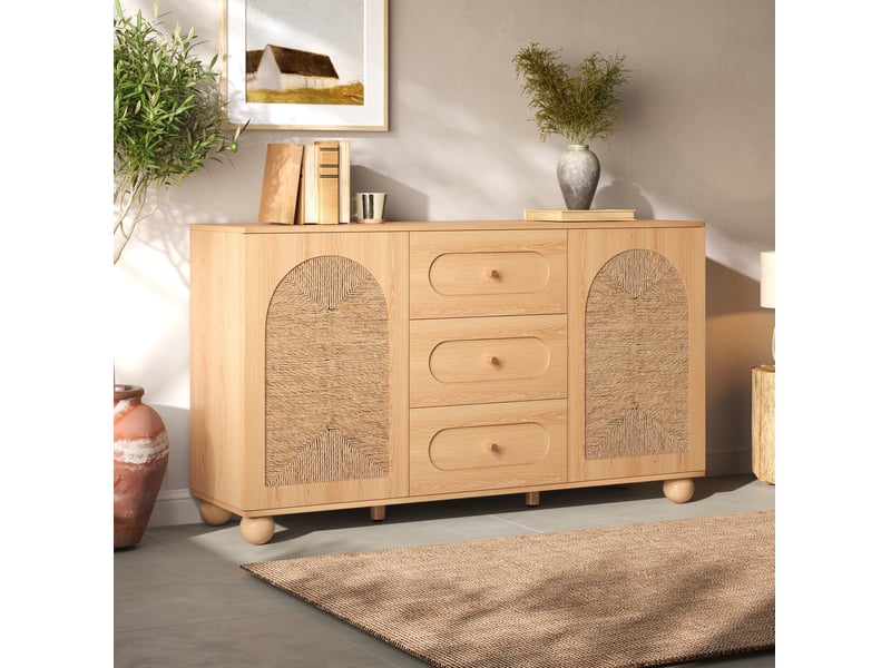  Buffet 2 portes tressées et 3 tiroirs avec étagères pour entrée, salon et salle à manger naturel 140 × 40 × 80 cm  - Conforama E