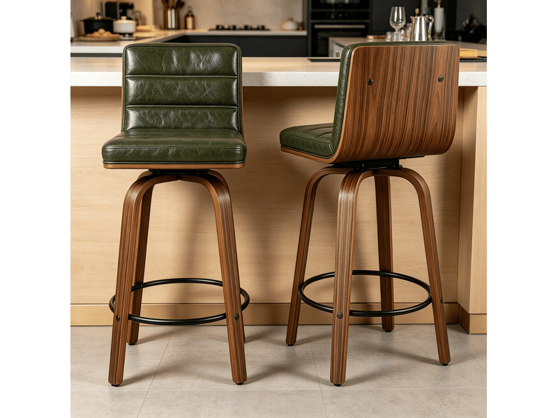  Lot de 2 tabourets de bar pivotants 48x40x90 cm polyuréthane, pieds et repose-pieds, bois,  couleur vert, design vintage  - Conforama B
