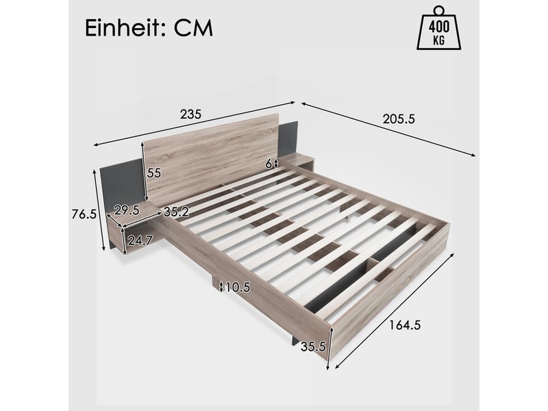  Ensemble lit double 160x200 cm avec 2 chevets suspendus, lit en bois massif fsc avec tête de lit et sommier à lattes, chêne sonoma et gris foncé OPULERANE TRADING LTD - Conforama C