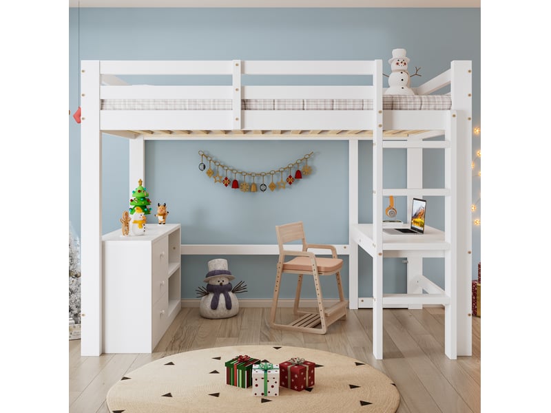 Lit mezzanine 90x200cm avec bureau, meuble à tiroirs et étagère de rangement, échelle à 4 niveaux, bois, blanc,sans matelas - Conforama C