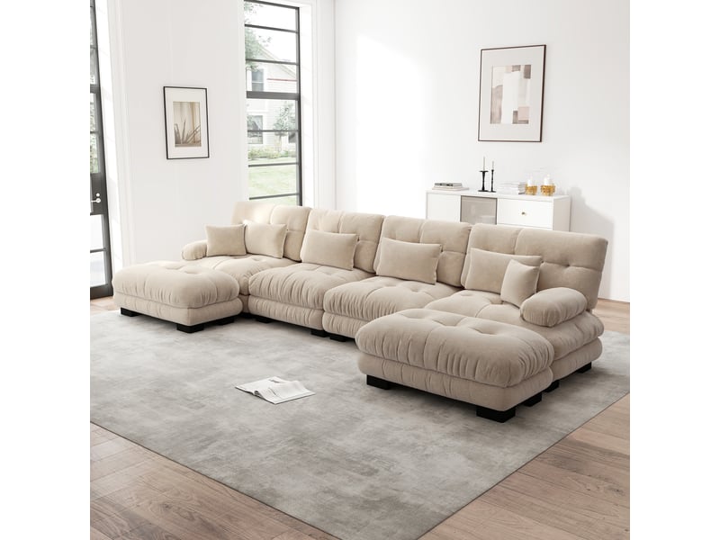  Canapé d'angle, canapé modulable – 4 places, pouf amovible, style cloud, en chenille, marron clair, forme u  - Conforama A