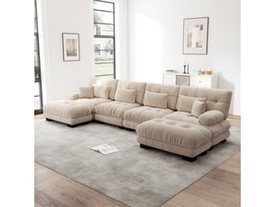 Canapé d'angle, canapé modulable – 4 places, pouf amovible, style cloud, en chenille, marron clair, forme u
