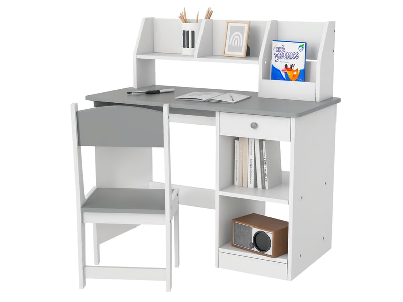  Bureau enfant avec chaise et rangements gris et blanc 90 x 45 x 90 cm  - Conforama A
