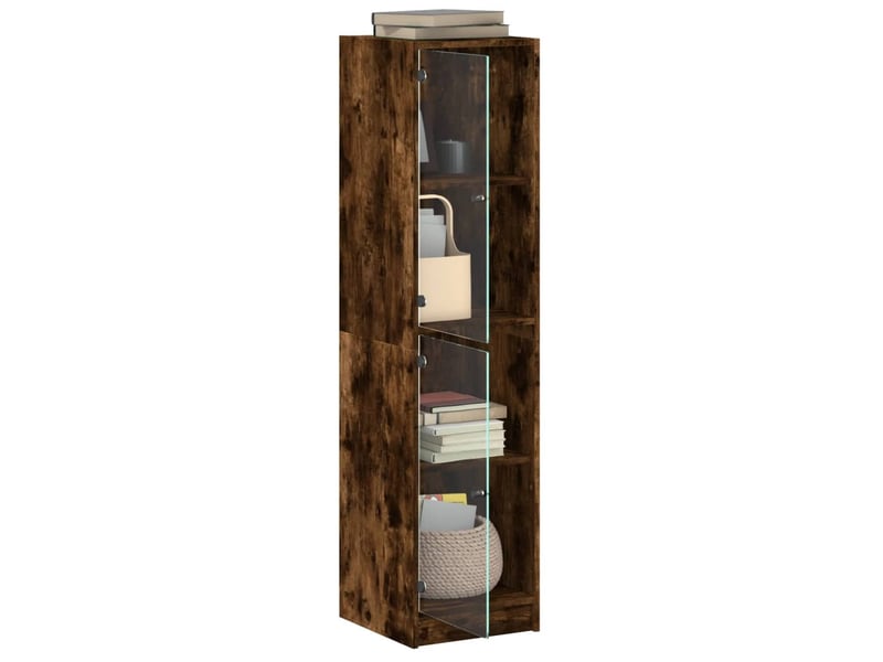  Buffet - bahut - meuble de rangement avec portes en verre chêne fumé 35x37x142 cm  - Conforama E