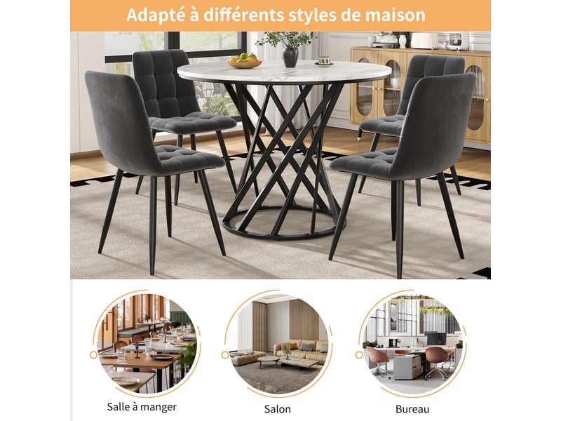  Table à manger ronde design moderne, plateau mdf marbré et pieds métal noir, 80 x 80 cm – blanc et noir  - Conforama C