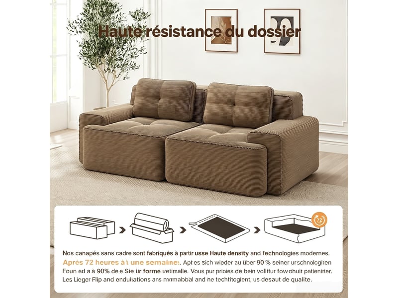  Canapé modulable 2 places sans armature, velours côtelé effet nuage, assise profonde, 69 × 204 × 104 cm, marron  - Conforama E